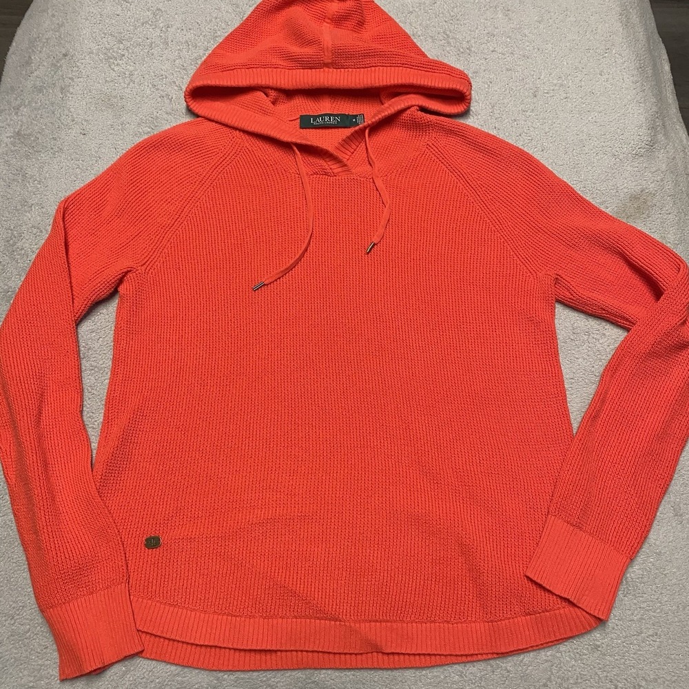 Lauren Ralph Lauren Knit Hoodie Womens Medium Orange Pullover Casual Drawstring